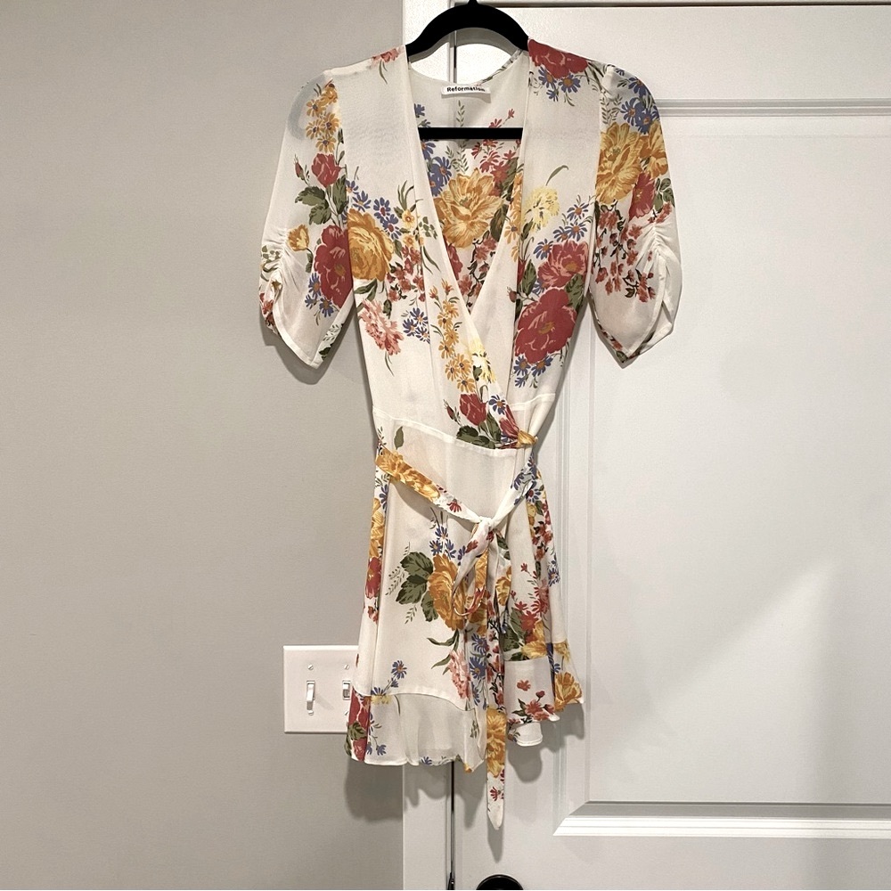Reformation Floral Wrap Mini Dress White Multicolor Size XS